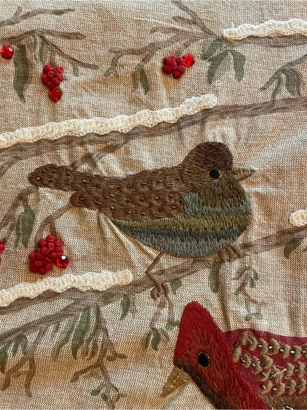 Pottery Barn Embroidered Winter Birds on Branch Cotton Pillow Cover 24” x 24”